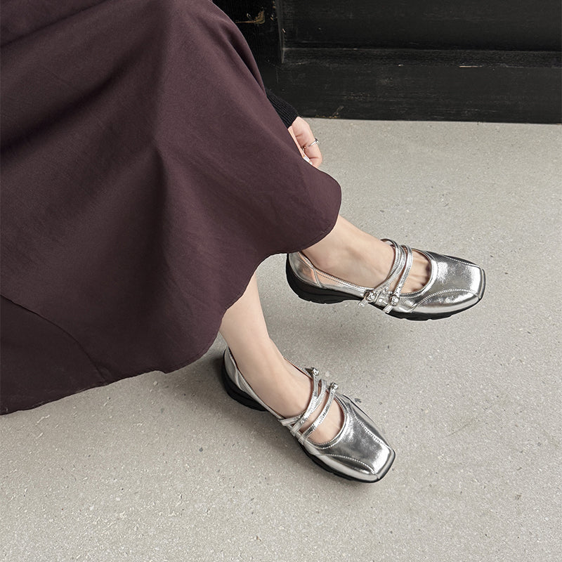 Soft Cow Leather Triple Strap Mary Jane Shoes for Women in Silver/Beige