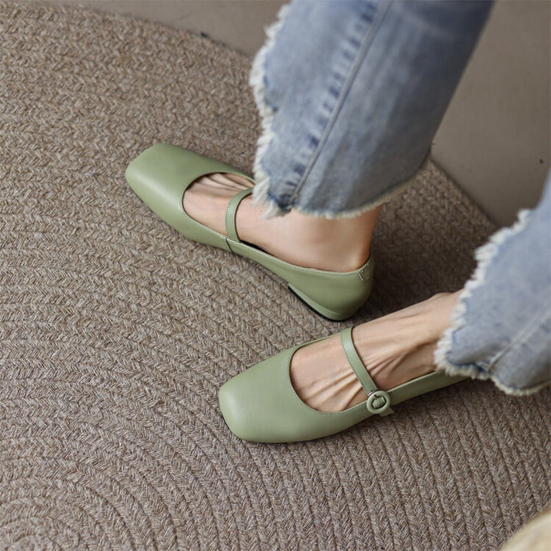 Soft Leather Mary Jane Shoes Beige/Green/Red