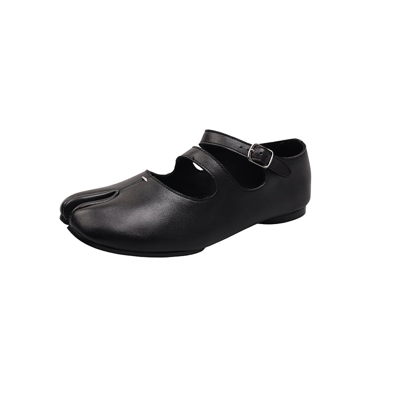 Split Toe Mary Jane Flats Double Strap Soft Leather Tabi Shoes for Women in Black/Brown
