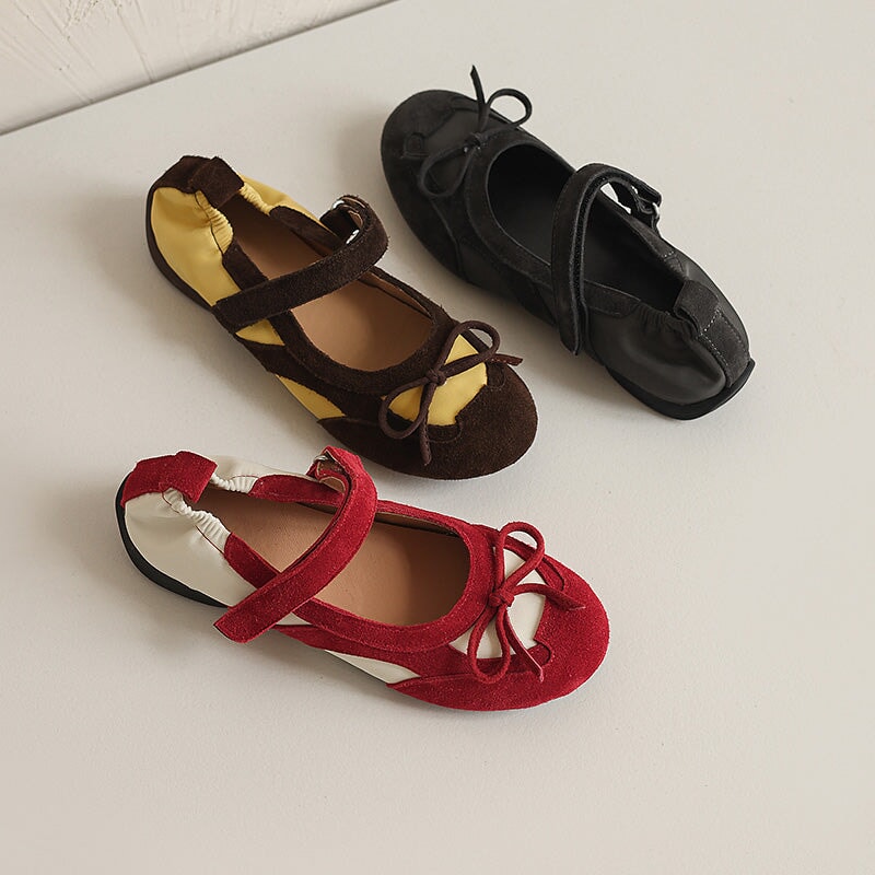 Sporty Bow Tie Mary Jane Ballet Flats Suede Leather Colorblock Sneakers in Red/Brown/Black