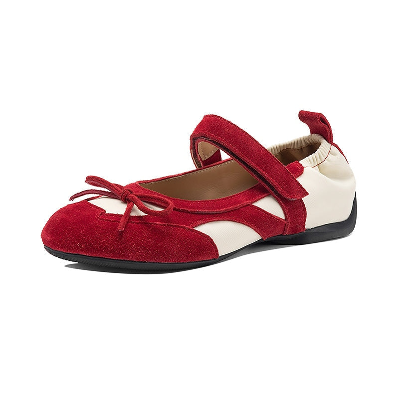 Sporty Bow Tie Mary Jane Ballet Flats Suede Leather Colorblock Sneakers in Red/Brown/Black