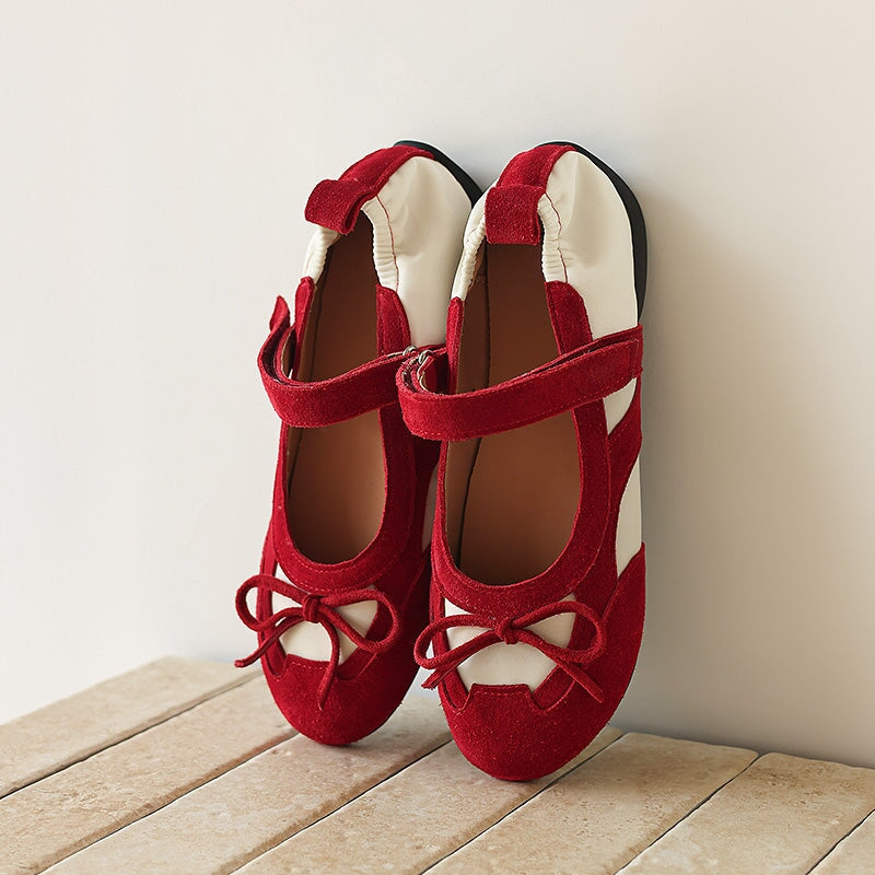 Sporty Bow Tie Mary Jane Ballet Flats Suede Leather Colorblock Sneakers in Red/Brown/Black