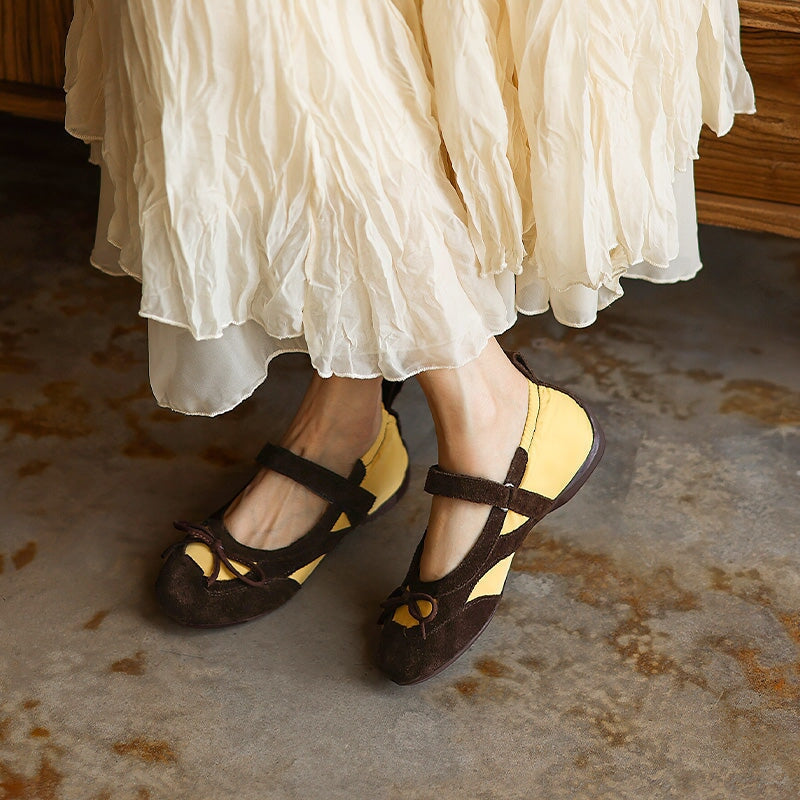 Sporty Bow Tie Mary Jane Ballet Flats Suede Leather Colorblock Sneakers in Red/Brown/Black