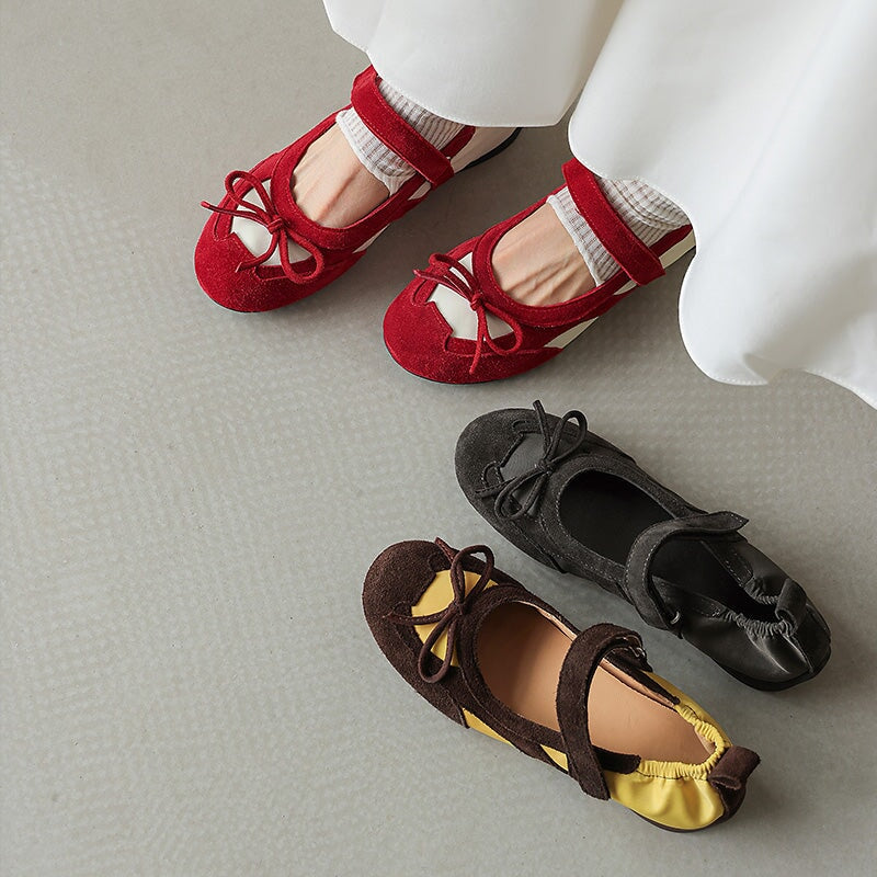 Sporty Bow Tie Mary Jane Ballet Flats Suede Leather Colorblock Sneakers in Red/Brown/Black