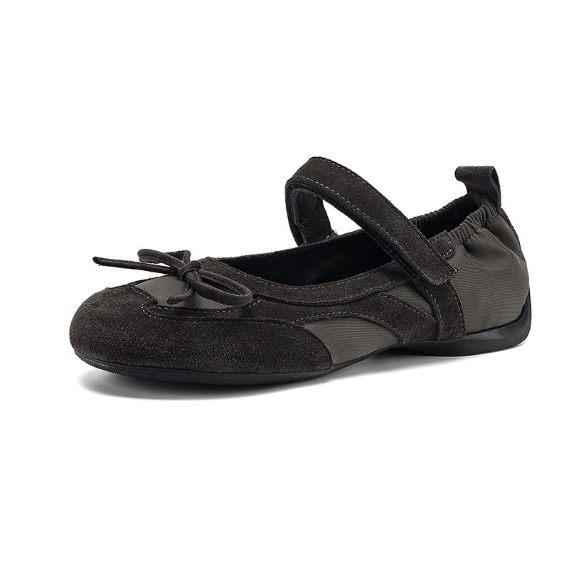 Sporty Bow Tie Mary Jane Ballet Flats Suede Leather Colorblock Sneakers in Red/Brown/Black