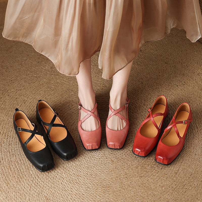 Square Toe Leather Mary Jane Ballet Flats with Cross Straps in Black/Red/Pink