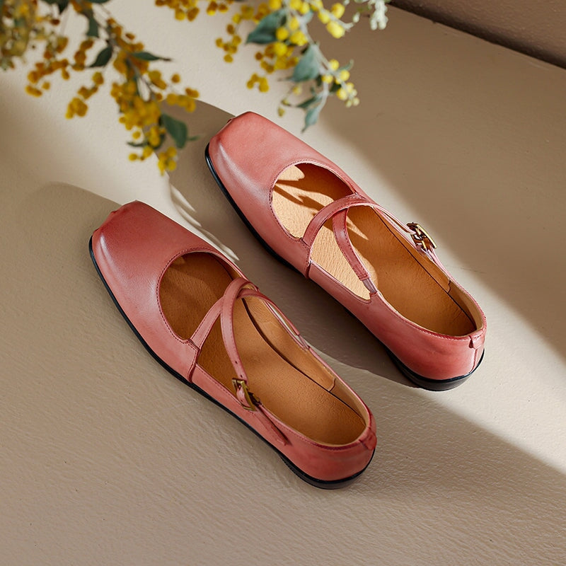 Square Toe Leather Mary Jane Ballet Flats with Cross Straps in Black/Red/Pink
