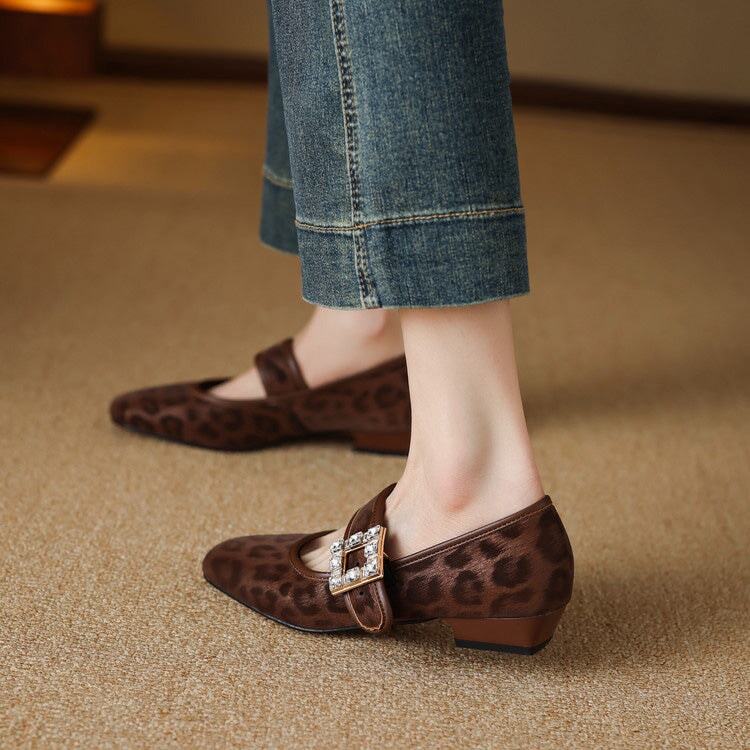 Square Toe Rhinestone Leopard Print  Leather Mary Jane Shoes in Black/Beige/Brown