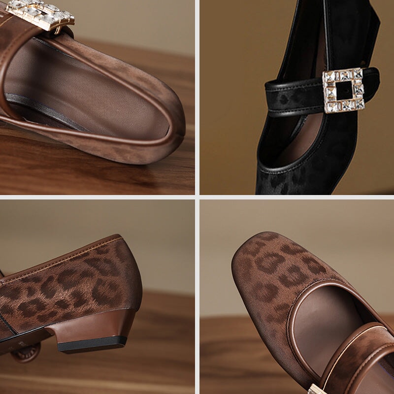 Square Toe Rhinestone Leopard Print  Leather Mary Jane Shoes in Black/Beige/Brown