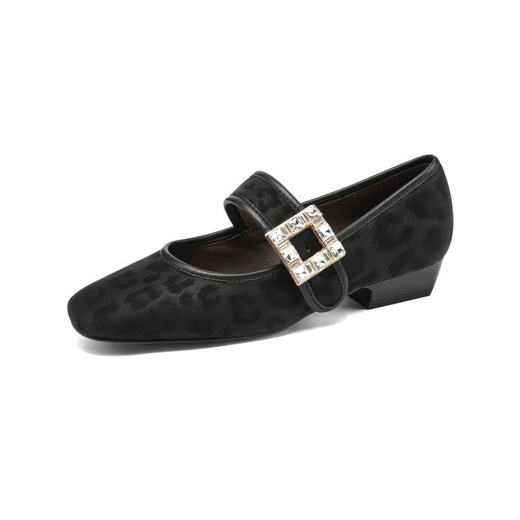 Square Toe Rhinestone Leopard Print  Leather Mary Jane Shoes in Black/Beige/Brown