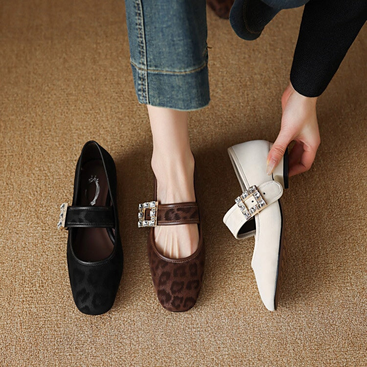 Square Toe Rhinestone Leopard Print  Leather Mary Jane Shoes in Black/Beige/Brown