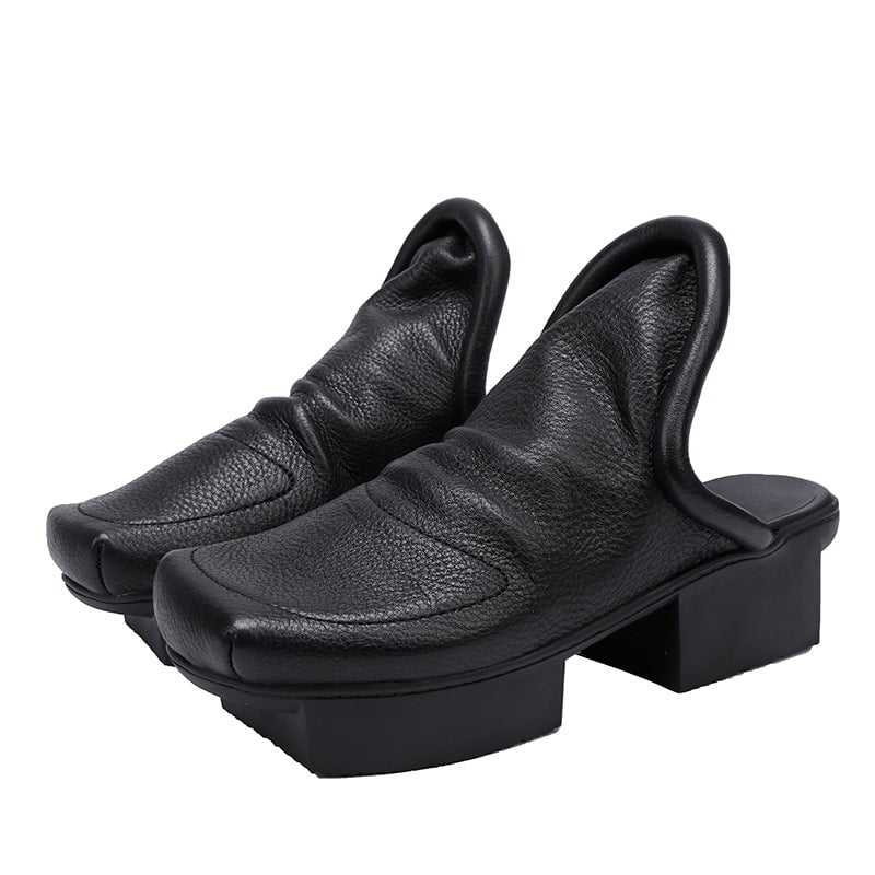 Square Toe Soft Cowhide Leather Slippers Modern Slip-On in Black/Light Brown