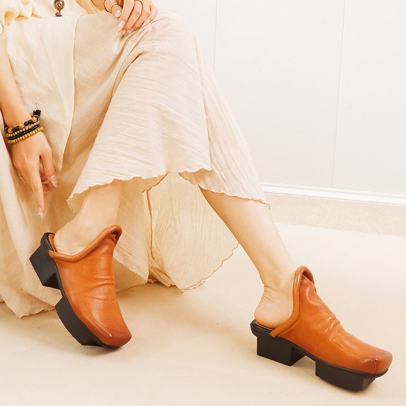 Square Toe Soft Cowhide Leather Slippers Modern Slip-On in Black/Light Brown