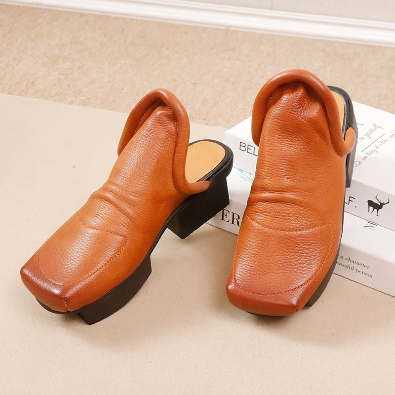 Square Toe Soft Cowhide Leather Slippers Modern Slip-On in Black/Light Brown