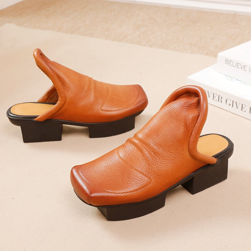 Square Toe Soft Cowhide Leather Slippers Modern Slip-On in Black/Light Brown