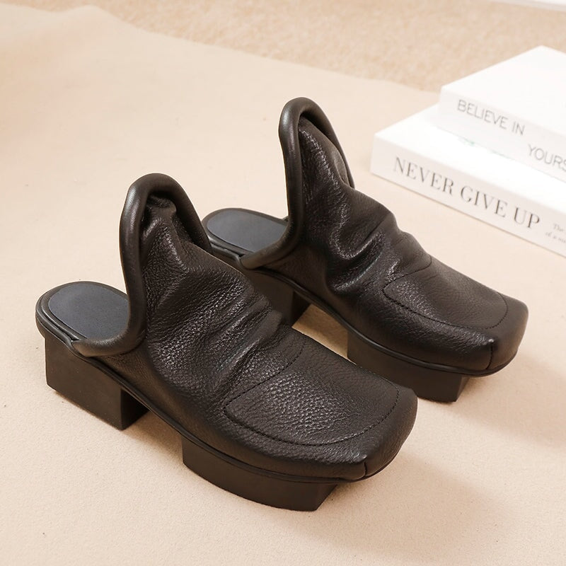 Square Toe Soft Cowhide Leather Slippers Modern Slip-On in Black/Light Brown