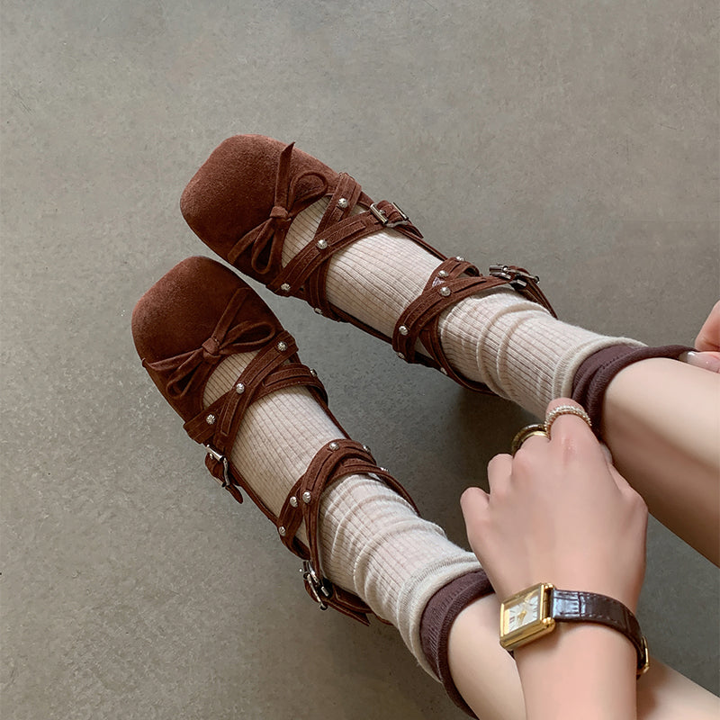 Studded Multi-Strap Mary Jane Flats Bow Ballet Style Leather Shoes for Women in Red/Brown/Black