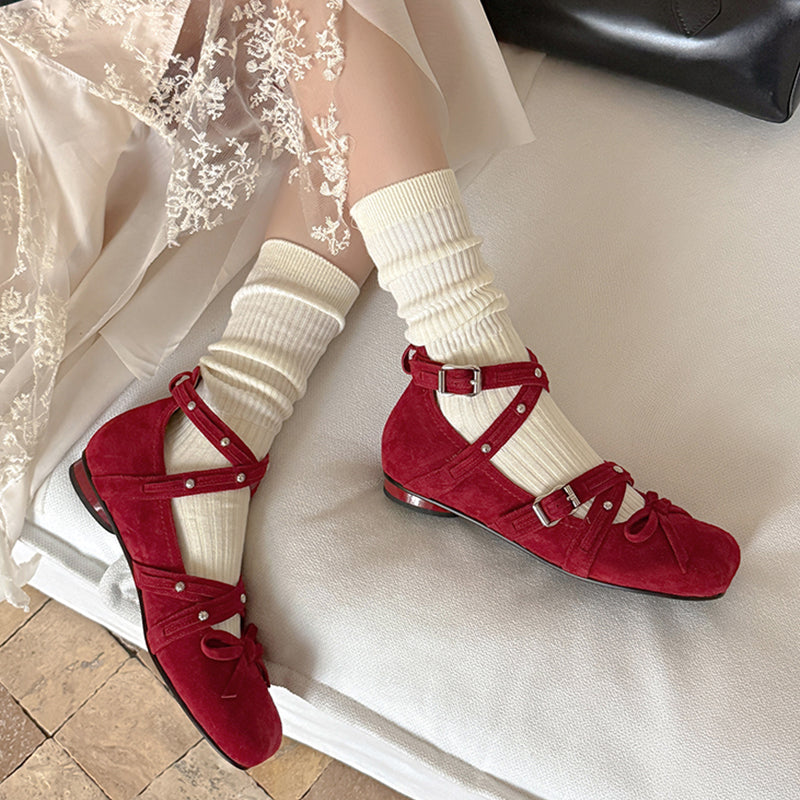 Studded Multi-Strap Mary Jane Flats Bow Ballet Style Leather Shoes for Women in Red/Brown/Black