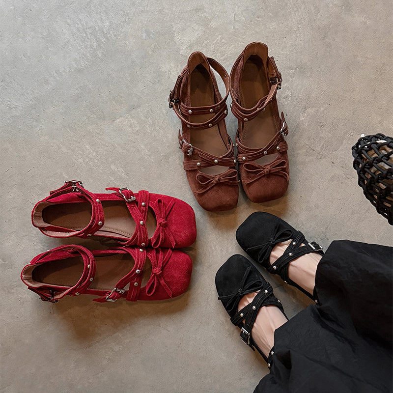 Studded Multi-Strap Mary Jane Flats Bow Ballet Style Leather Shoes for Women in Red/Brown/Black