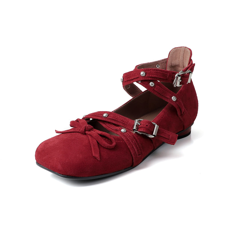 Studded Multi-Strap Mary Jane Flats Bow Ballet Style Leather Shoes for Women in Red/Brown/Black