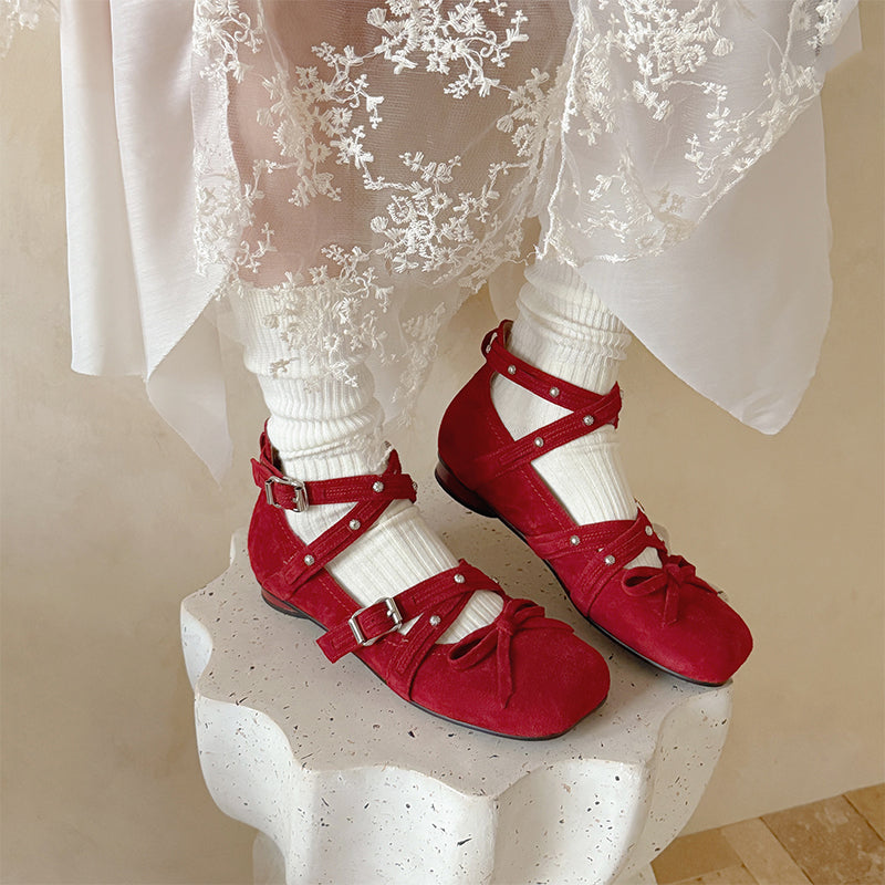 Studded Multi-Strap Mary Jane Flats Bow Ballet Style Leather Shoes for Women in Red/Brown/Black
