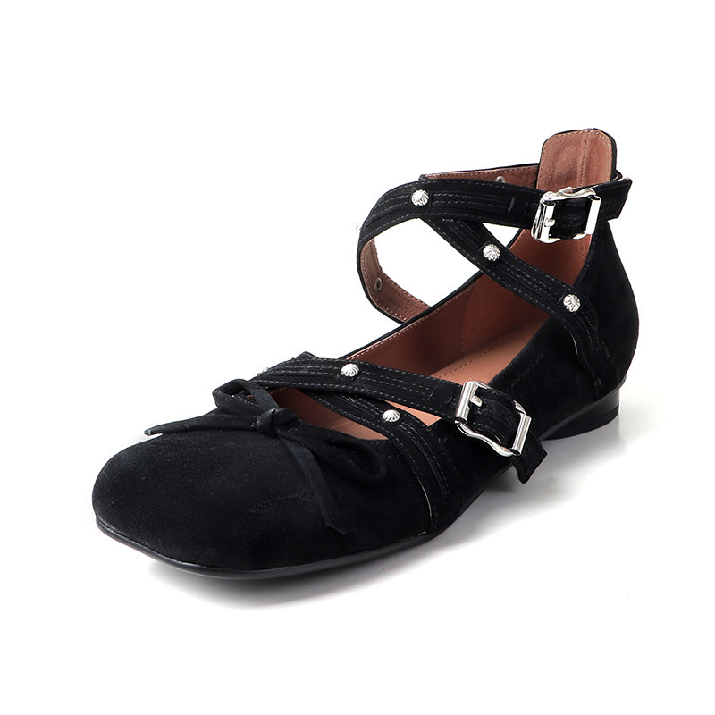 Studded Multi-Strap Mary Jane Flats Bow Ballet Style Leather Shoes for Women in Red/Brown/Black