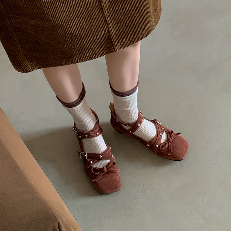 Studded Multi-Strap Mary Jane Flats Bow Ballet Style Leather Shoes for Women in Red/Brown/Black