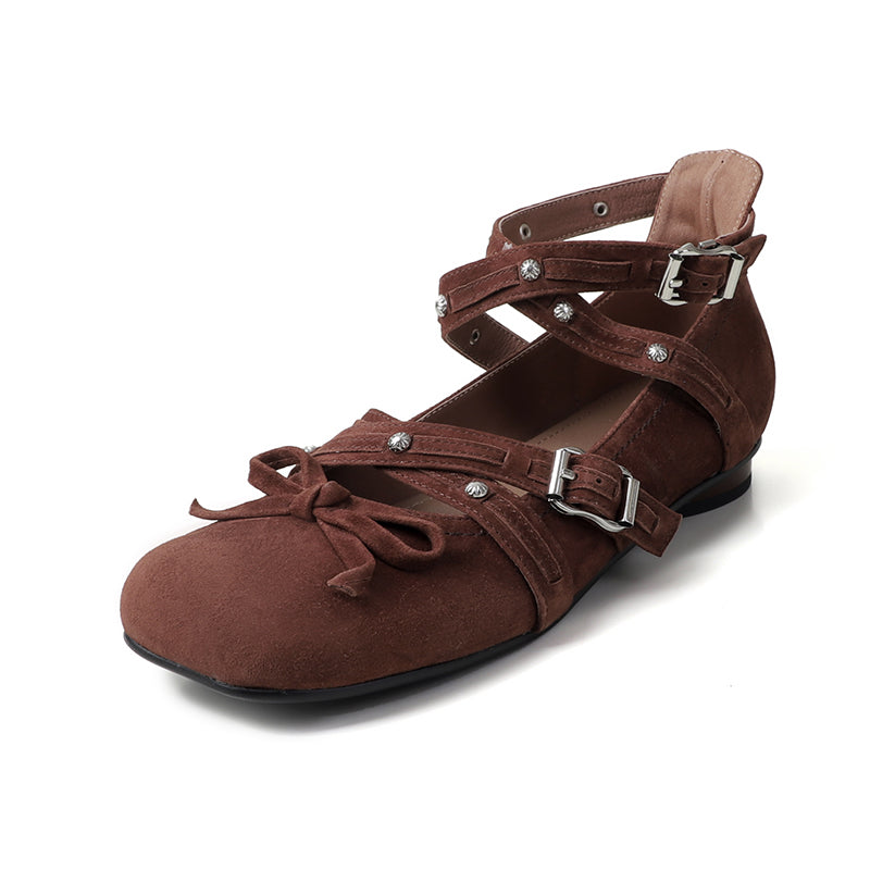 Studded Multi-Strap Mary Jane Flats Bow Ballet Style Leather Shoes for Women in Red/Brown/Black