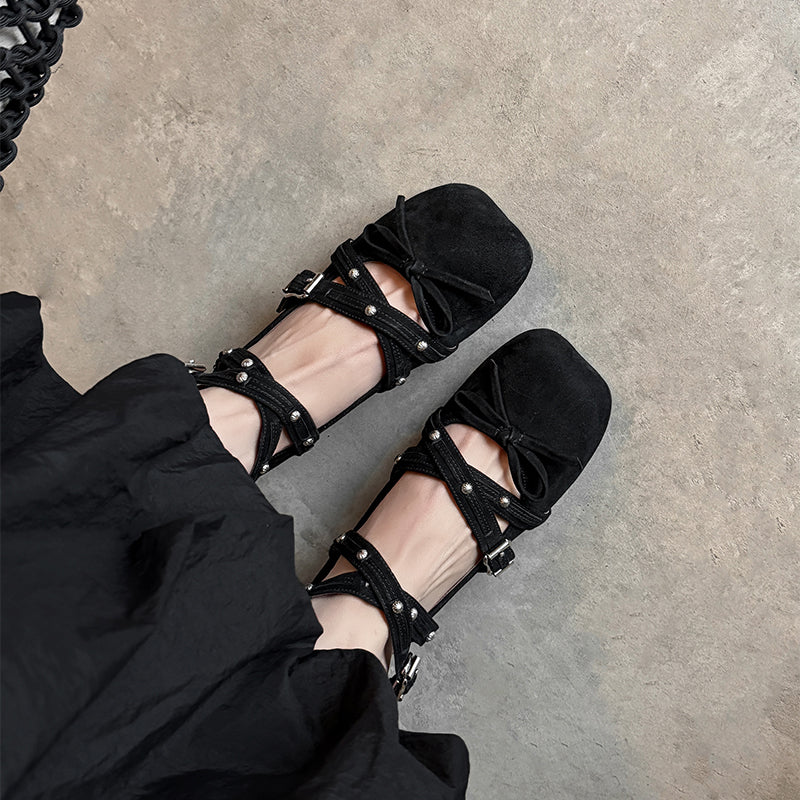 Studded Multi-Strap Mary Jane Flats Bow Ballet Style Leather Shoes for Women in Red/Brown/Black