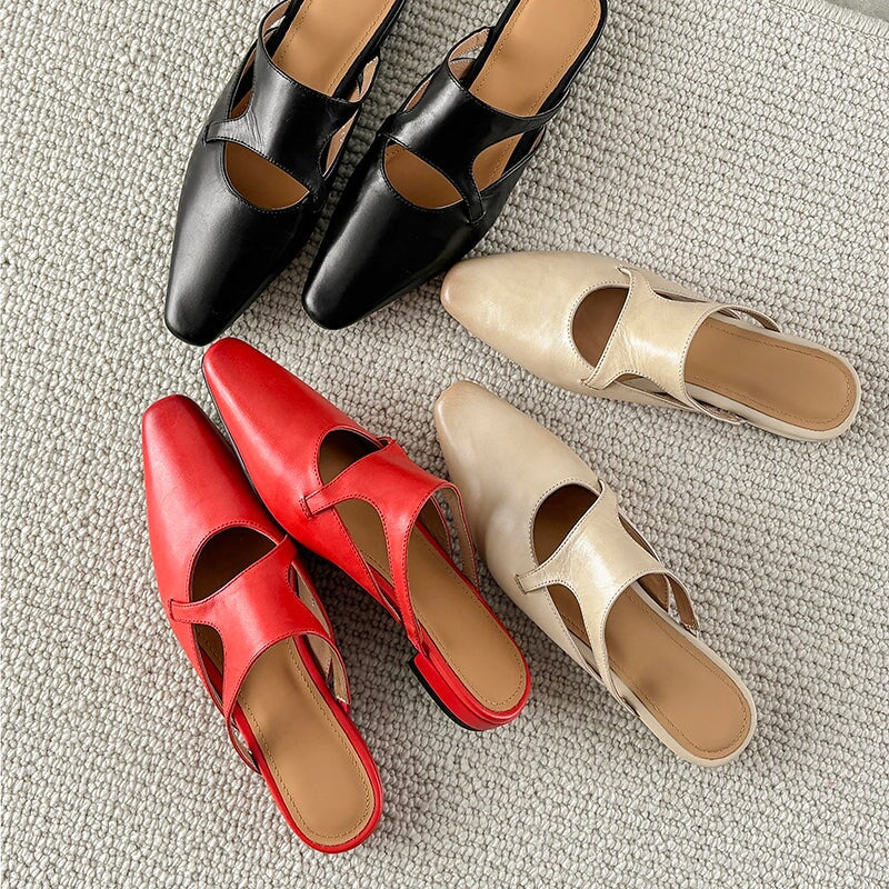 Stylish Square Toe Leather Mules for Women Casual Block Heel Slip-On Slippers in Red/Black/Light Apricot