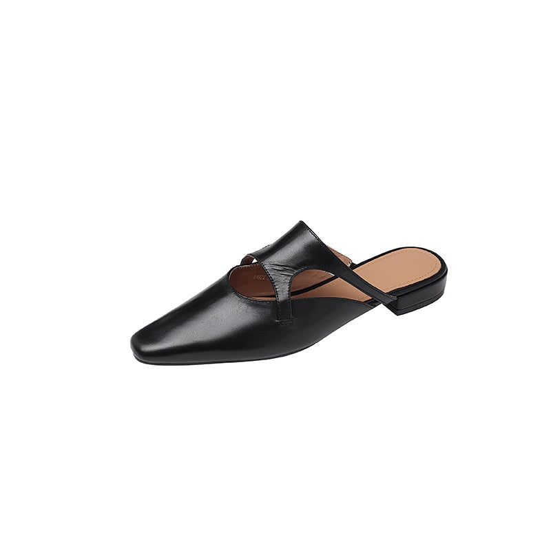 Stylish Square Toe Leather Mules for Women Casual Block Heel Slip-On Slippers in Red/Black/Light Apricot
