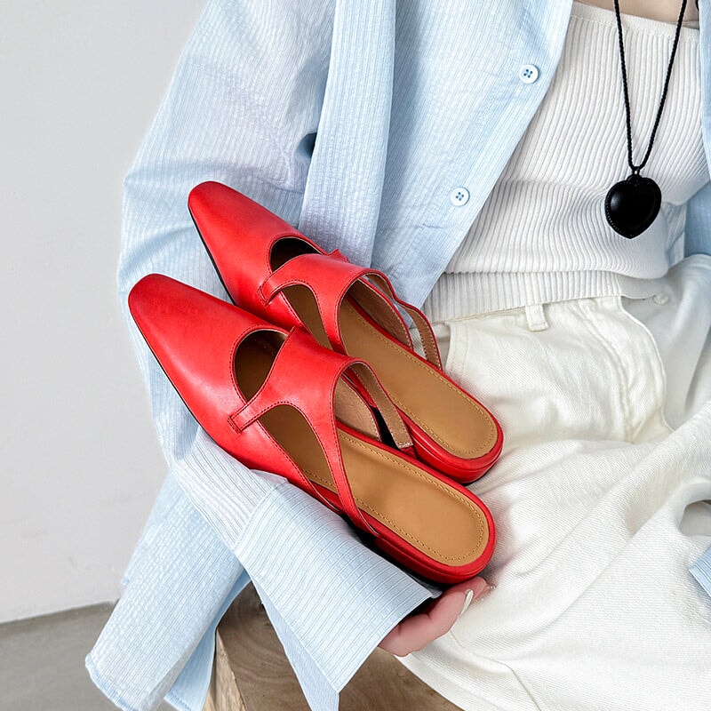 Stylish Square Toe Leather Mules for Women Casual Block Heel Slip-On Slippers in Red/Black/Light Apricot