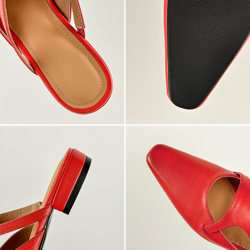 Stylish Square Toe Leather Mules for Women Casual Block Heel Slip-On Slippers in Red/Black/Light Apricot