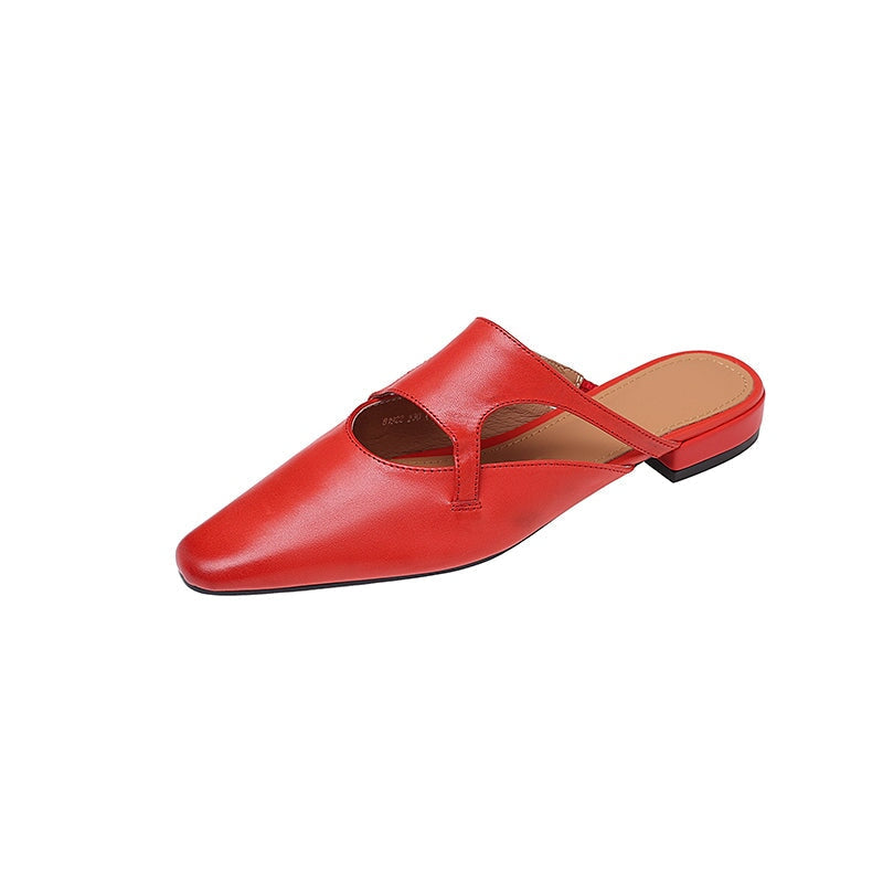 Stylish Square Toe Leather Mules for Women Casual Block Heel Slip-On Slippers in Red/Black/Light Apricot