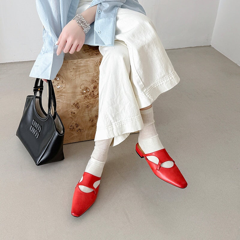 Stylish Square Toe Leather Mules for Women Casual Block Heel Slip-On Slippers in Red/Black/Light Apricot