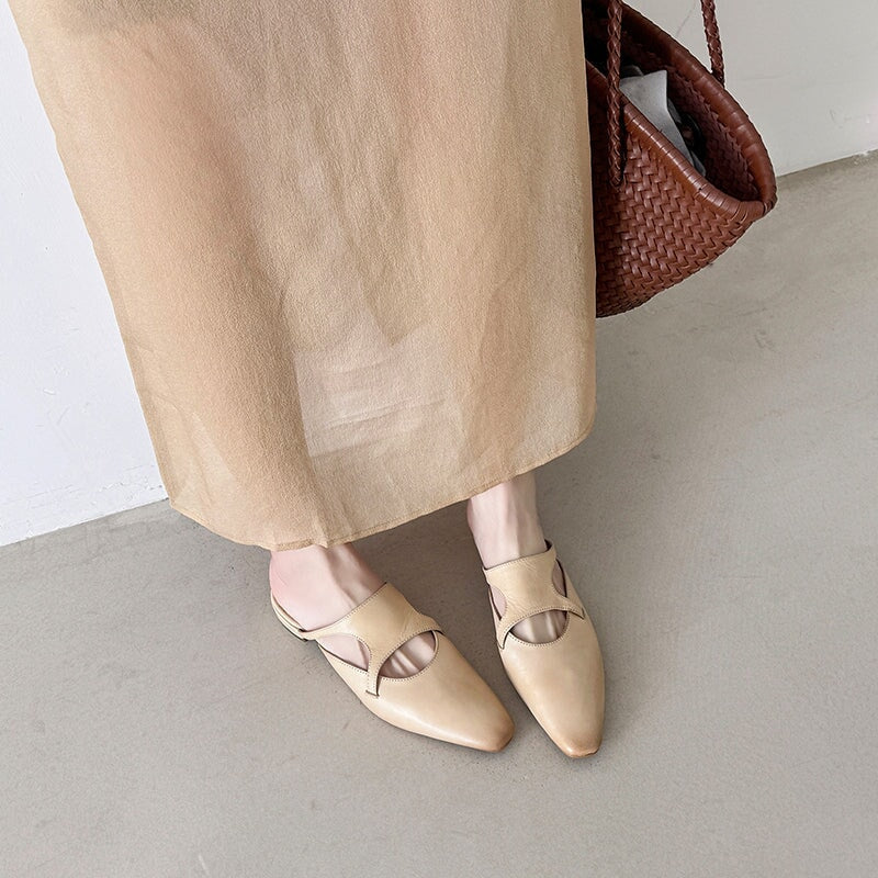 Stylish Square Toe Leather Mules for Women Casual Block Heel Slip-On Slippers in Red/Black/Light Apricot