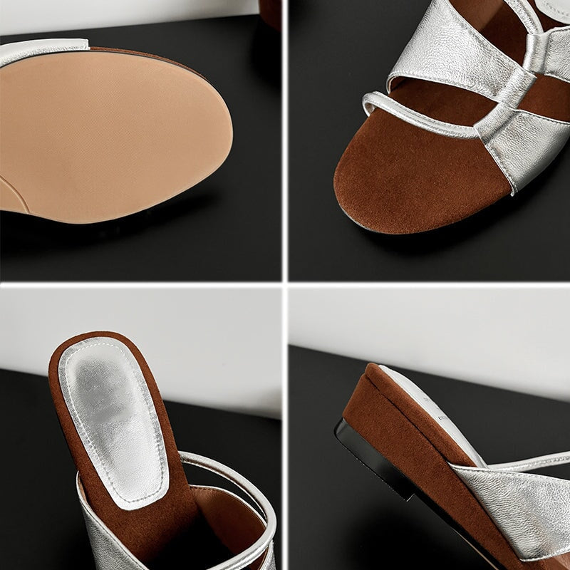 Summer Leather Wedge Slippers for Women 40mm Casual Sheepskin Sandals in Black/Silver/Golden