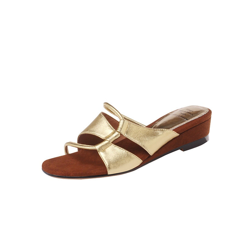 Summer Leather Wedge Slippers for Women 40mm Casual Sheepskin Sandals in Black/Silver/Golden