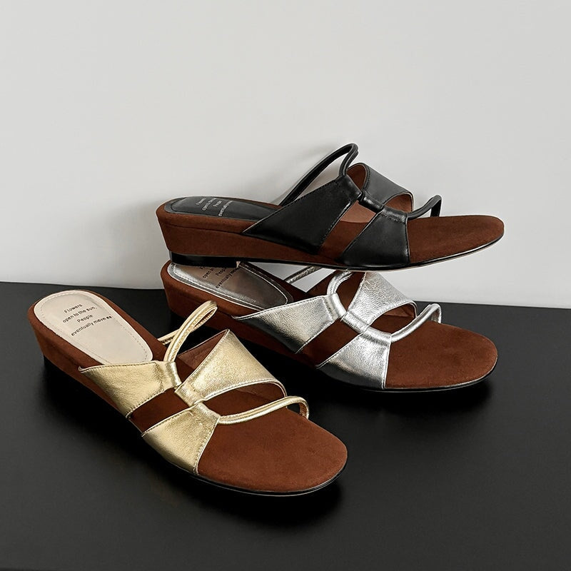 Summer Leather Wedge Slippers for Women 40mm Casual Sheepskin Sandals in Black/Silver/Golden