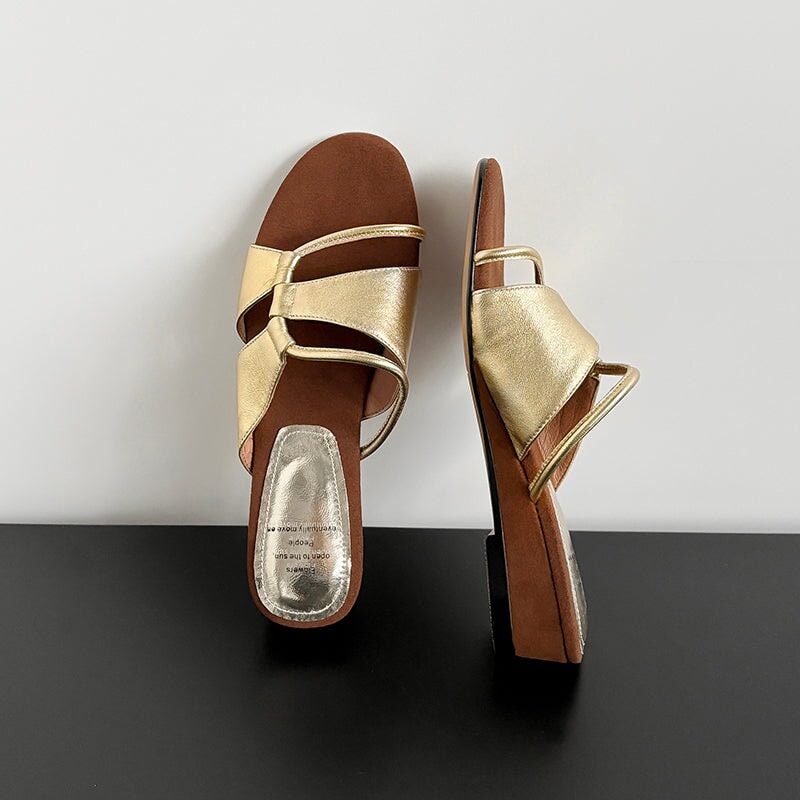 Summer Leather Wedge Slippers for Women 40mm Casual Sheepskin Sandals in Black/Silver/Golden