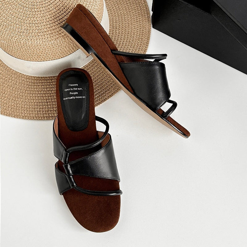 Summer Leather Wedge Slippers for Women 40mm Casual Sheepskin Sandals in Black/Silver/Golden