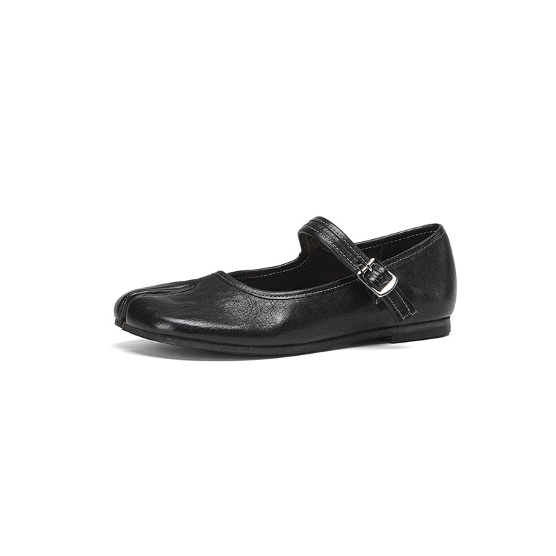Tabi Split Toe Handmade Washed Horse Leather Mary Jane Ballet Flats in Black/Red/Brown/Apricot
