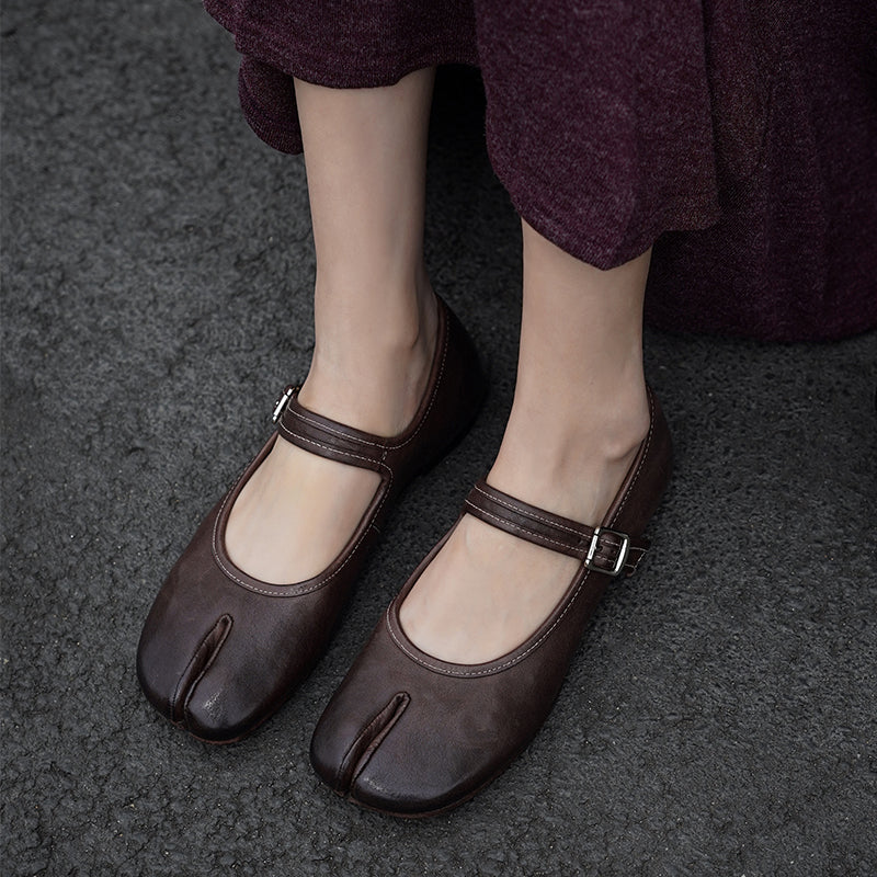 Tabi Split Toe Handmade Washed Horse Leather Mary Jane Ballet Flats in Black/Red/Brown/Apricot