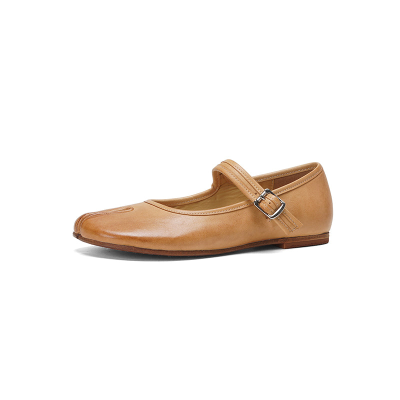 Tabi Split Toe Handmade Washed Horse Leather Mary Jane Ballet Flats in Black/Red/Brown/Apricot