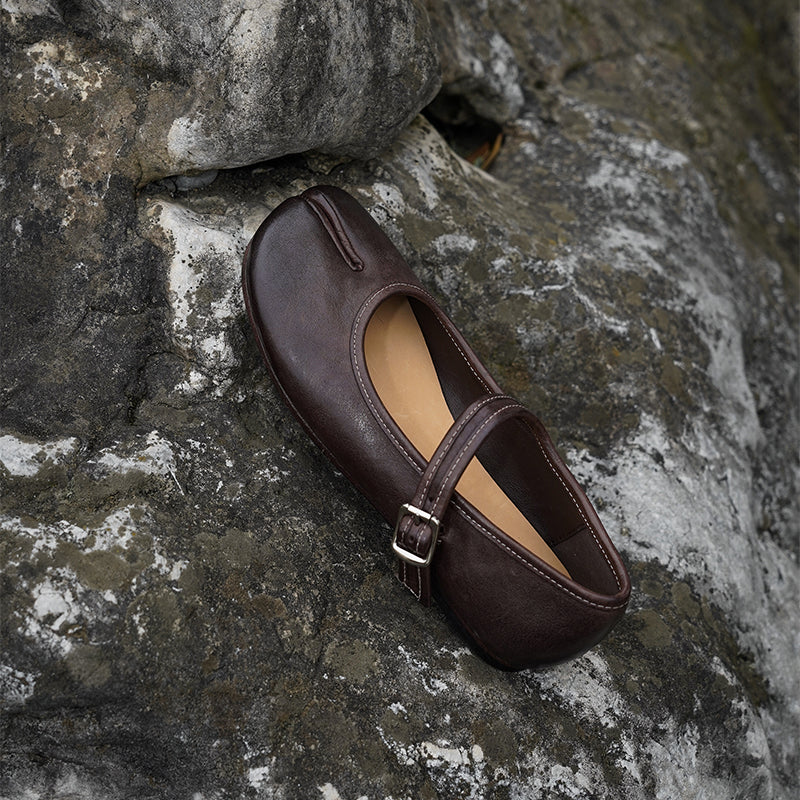 Tabi Split Toe Handmade Washed Horse Leather Mary Jane Ballet Flats in Black/Red/Brown/Apricot
