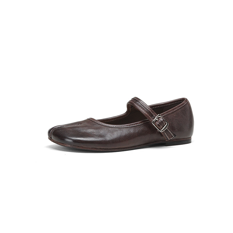 Tabi Split Toe Handmade Washed Horse Leather Mary Jane Ballet Flats in Black/Red/Brown/Apricot