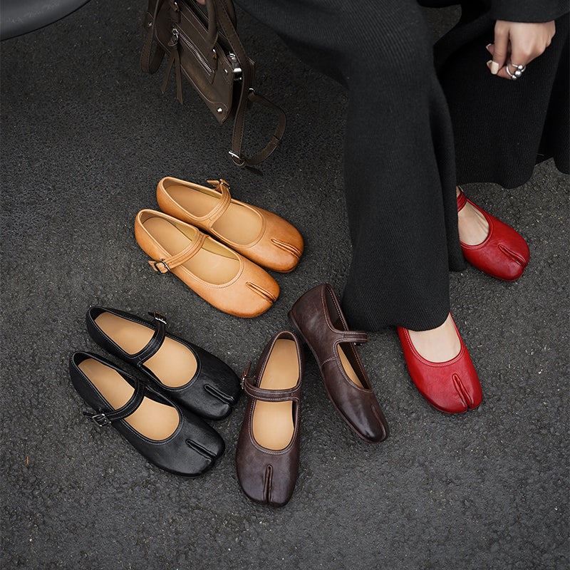Tabi Split Toe Handmade Washed Horse Leather Mary Jane Ballet Flats in Black/Red/Brown/Apricot