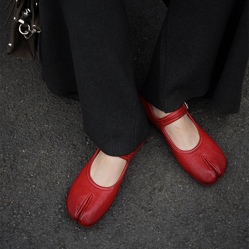 Tabi Split Toe Handmade Washed Horse Leather Mary Jane Ballet Flats in Black/Red/Brown/Apricot