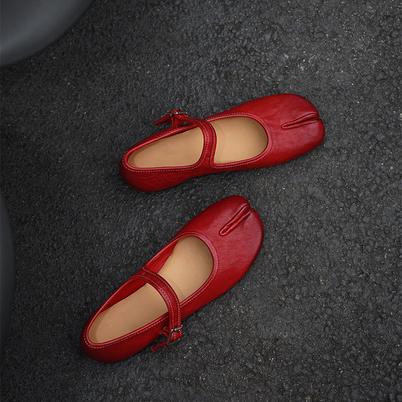 Tabi Split Toe Handmade Washed Horse Leather Mary Jane Ballet Flats in Black/Red/Brown/Apricot