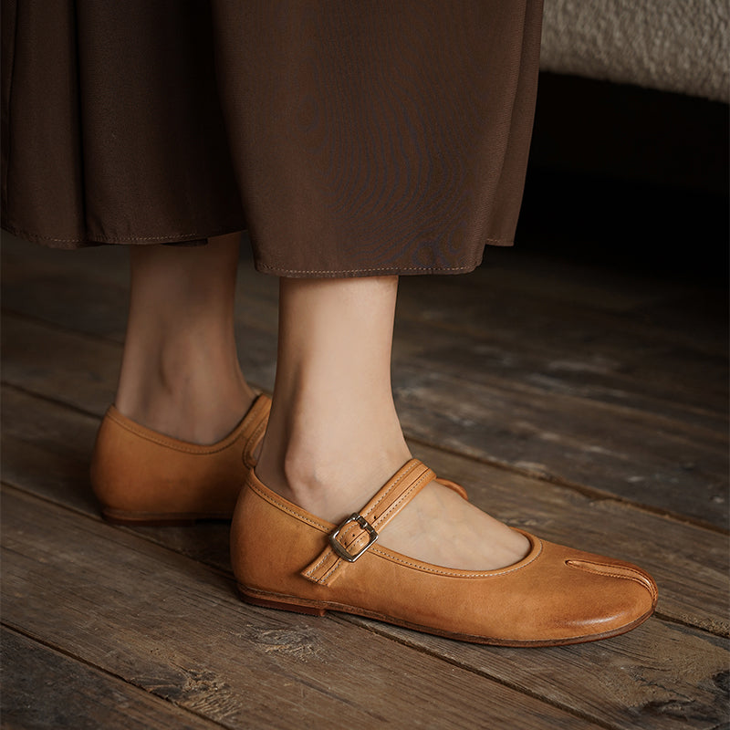 Tabi Split Toe Handmade Washed Horse Leather Mary Jane Ballet Flats in Black/Red/Brown/Apricot